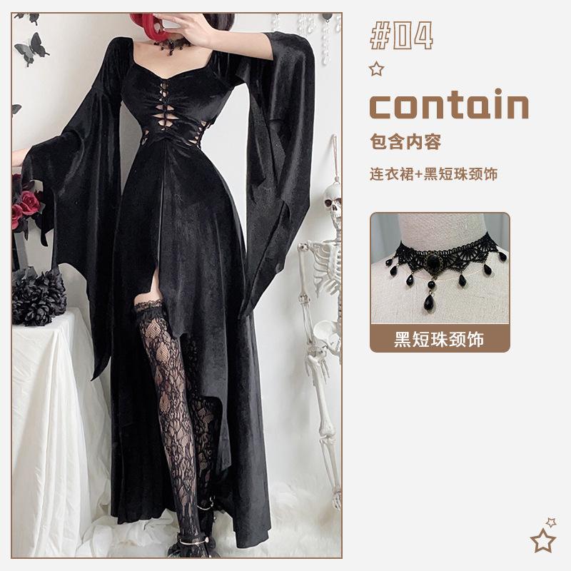 Costume di Halloween gotico scuro strega abito lungo vampiro mietitore abito nero