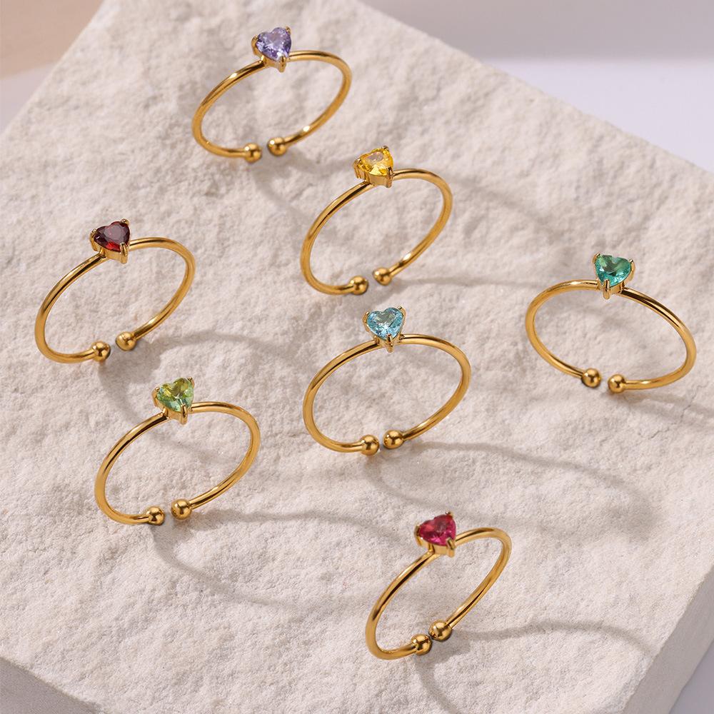 Zircon Heart Birthstone Rings For Women Gold Color Adjustable Stainless Steel Birthstone Heart Ring Wedding Jewelry Gift BFF
