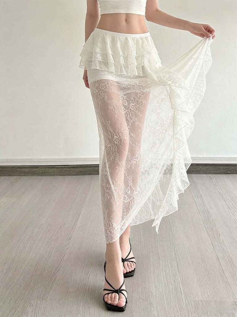 Women's Lace Mesh Skirt Y2k White Midi Skirt Elegant Bohemia Style Clothing Summer