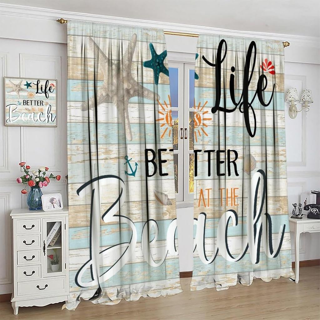 Ocean Curtains  Vintage Wooden Panel Summer Ocean Beach Theme Starfish Shells Print Rod Pocket Window Treatments Drapes for Bedro