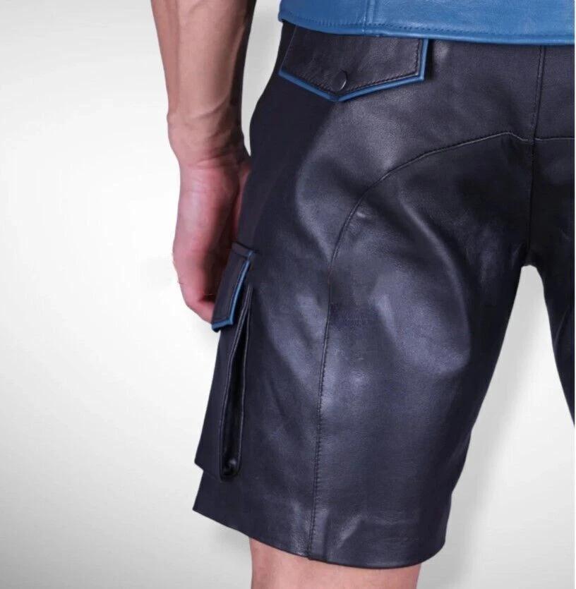 Krátké ručně šité pánské kožené cargo šortky z pravé kůže, černé jehněčí kůže