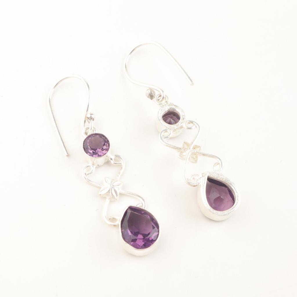 Natural Amethyst Gemstone 925 Sterling Silver Handmade Statement Earrings 2" EE-156-11