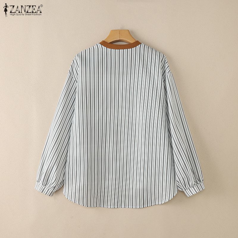 ZANZEA Women Casual Stripe Patchwork Long Sleeve Loose Pullover Blouse