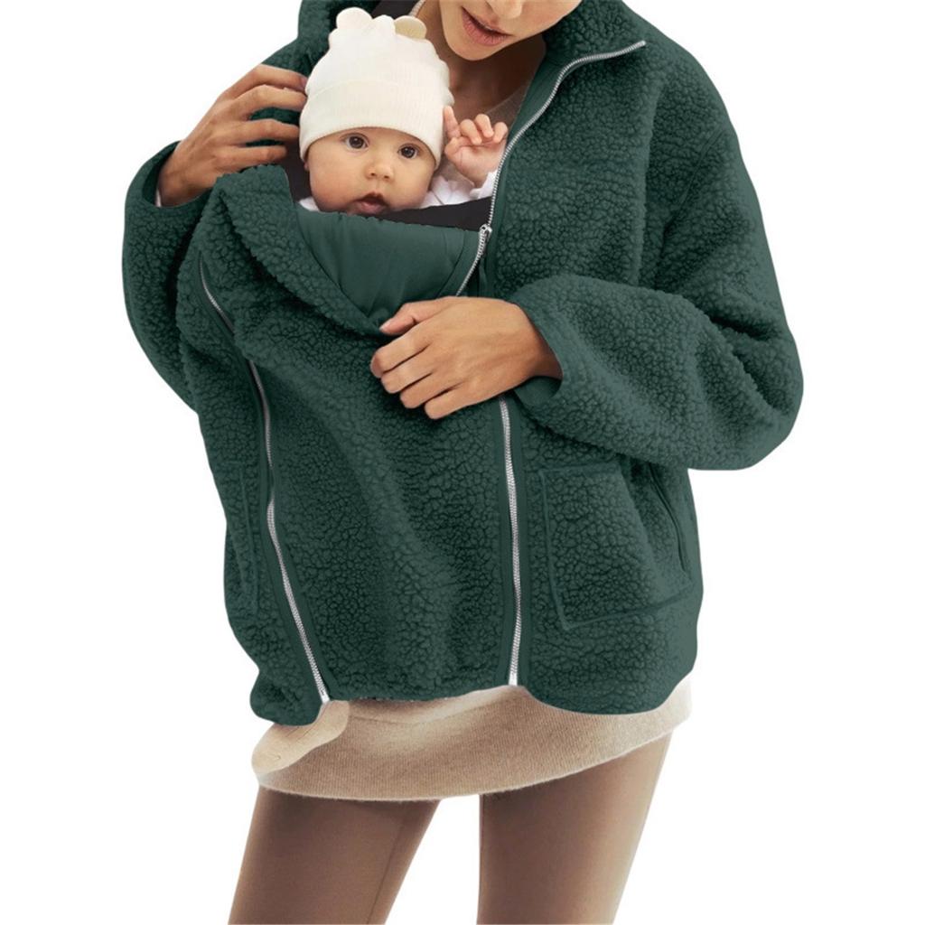 Women Maternity Fleece Hooded Jacket Zip‑Up Multifunctional Baby Carrier Coat Warm Parent‑Baby Outerwear Autumn Winter