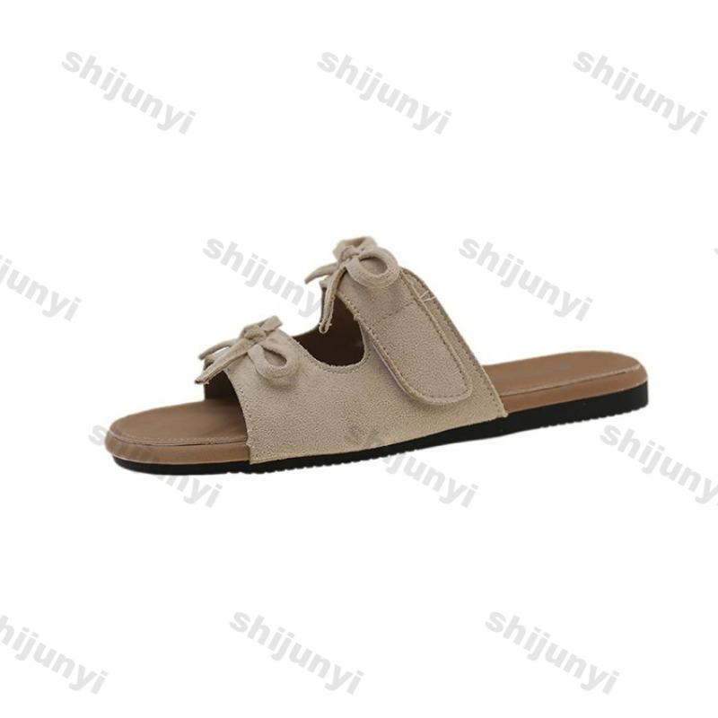 2025 Summer New Fashion Bow Women's Slippers Outdoor Retro Beach Casual Flat Shoes Lightweight Comfortable One Word Slippers