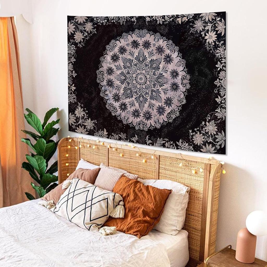 Boho Floral Mandala Tapestry Wall Hanging Grey Bohemian Flower Medallion Tapestry Aesthetic Gray Black Hippie Indian Small