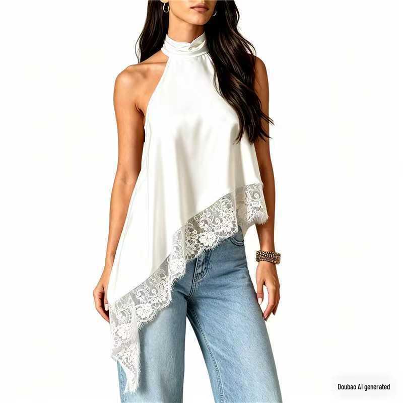 2025 Women's Satin Halter Neck Sleeveless Asymmetrical Camisole with Lace Trim
