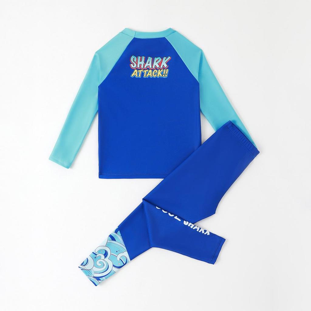 Traje de baño de dos piezas de manga larga con estampado de tiburones para niño - Estilo 2025