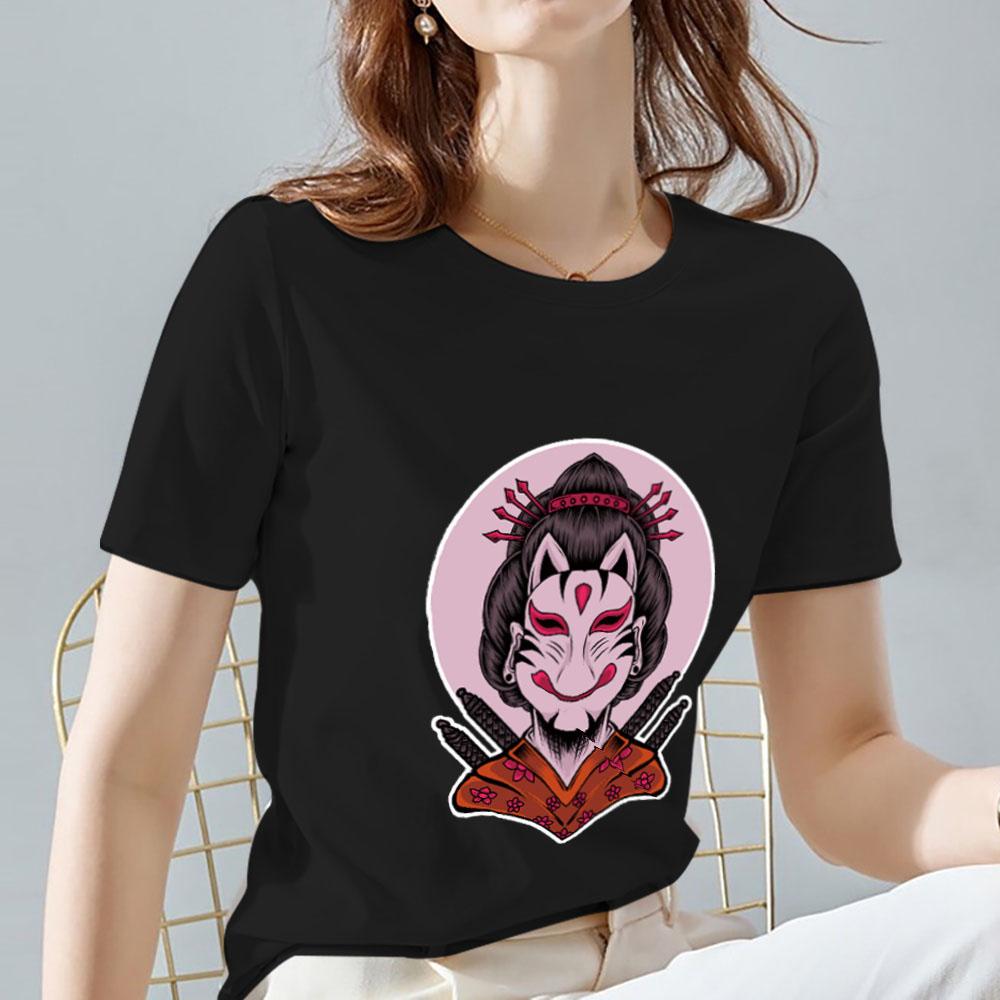 Módní tričko v japonském stylu Commuter Fire Fox Cherry Blossom Maska Vzor Potisk Ležérní Oblečení Harajuku s kulatým výstřihem