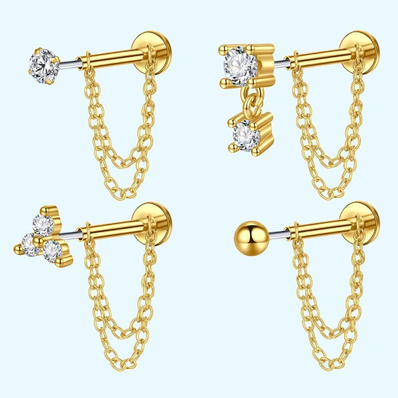 4Pcs Dangle Flat Back Earrings With Chain, Threadless Stainless Steel Push-In Cartilage Helix Tragus Nose Piercing Jewelry