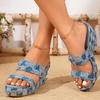 Fashion British Vintage Blue Denim Sandals Women Chunky Platform Wedge Heels Slip One Summer Shoes Woman High Heeled Slippers Slides
