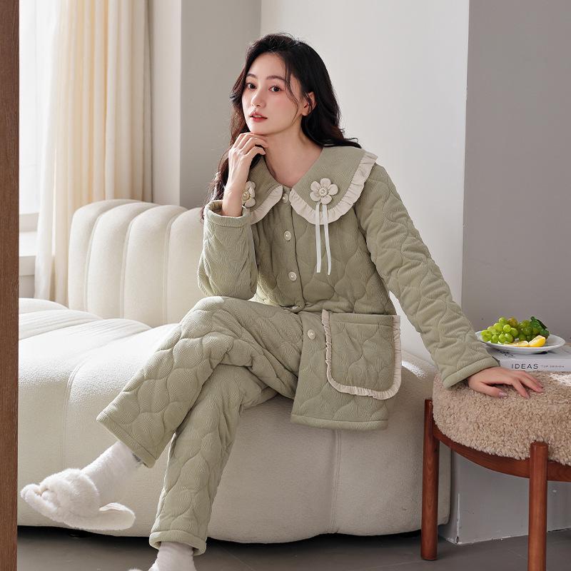 Three-Layer Thickened Padded Cotton Winter Pajamas Women'S Fleece Thickened Coral Fleece Padded Jacket Can Be Worn Outside Loungewear Warm Suit
