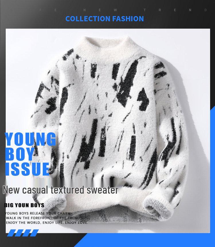 Men's Graffiti Print Semi-High Neck Thick Sweater Knitwear
