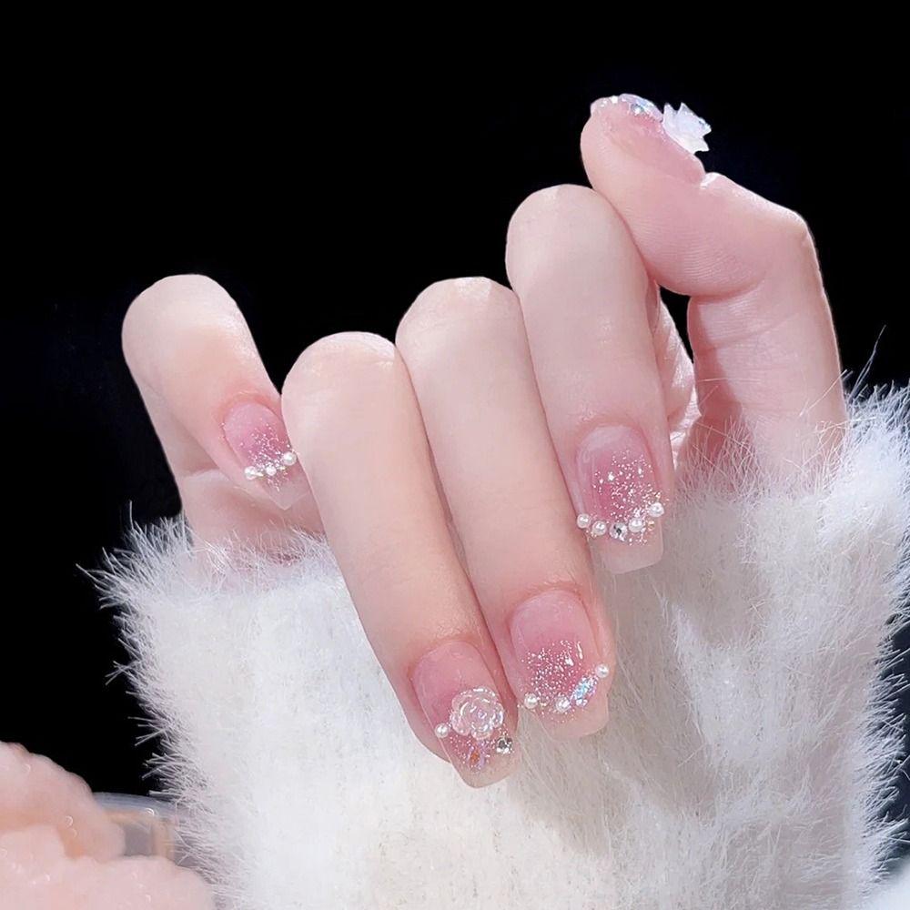 24pcs Detachable Gentle Fake Nail Medium Length Press On Nails Reusable Pink Rose False Nails  Women