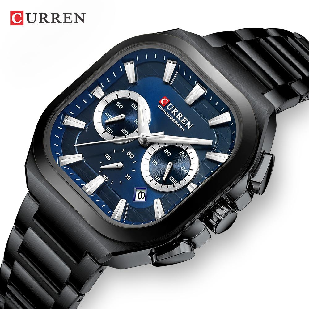 Mens Square Chronograph Watches Stainless Steel Wrist Watch with Date Luminous Hands Waterproof