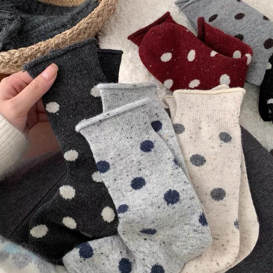 Cute Polka Dot Socks Women'S Season Wool Mid-Tube Socks Dot Yarn Thickened Warm Socks Rolled Hem Stacked Socks