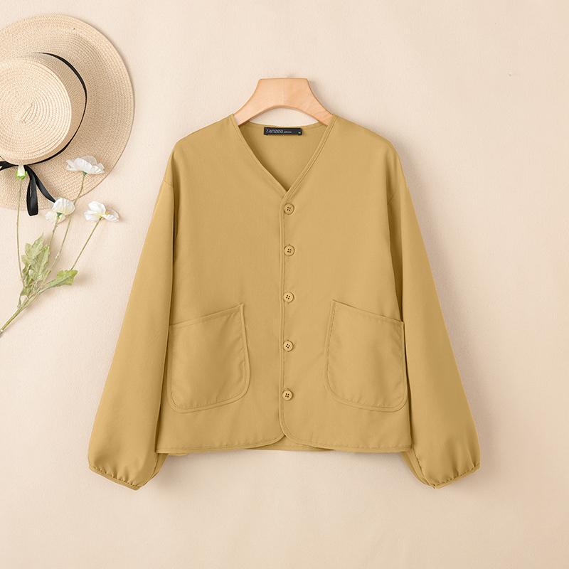 

ZANZEA Женская блузка с V-образным вырезом, повседневная, свободного кроя, с длинным рукавом, однотонная 5XL хаки