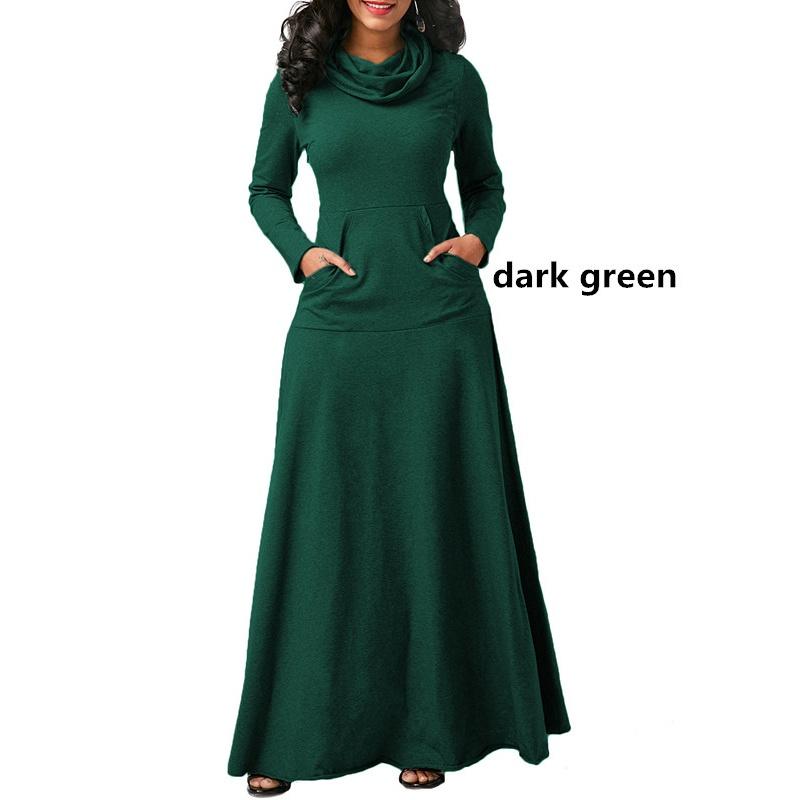 Women's Long Dress High Collar Long Sleeve Maxi Dress Casual Plus Size Pocket Pullover Party Dress