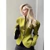2026 Autumn Women Blazer V Neck Collarless Long Sleeve Hollow Metal Button Cinched Waist Green Tailored Jacket
