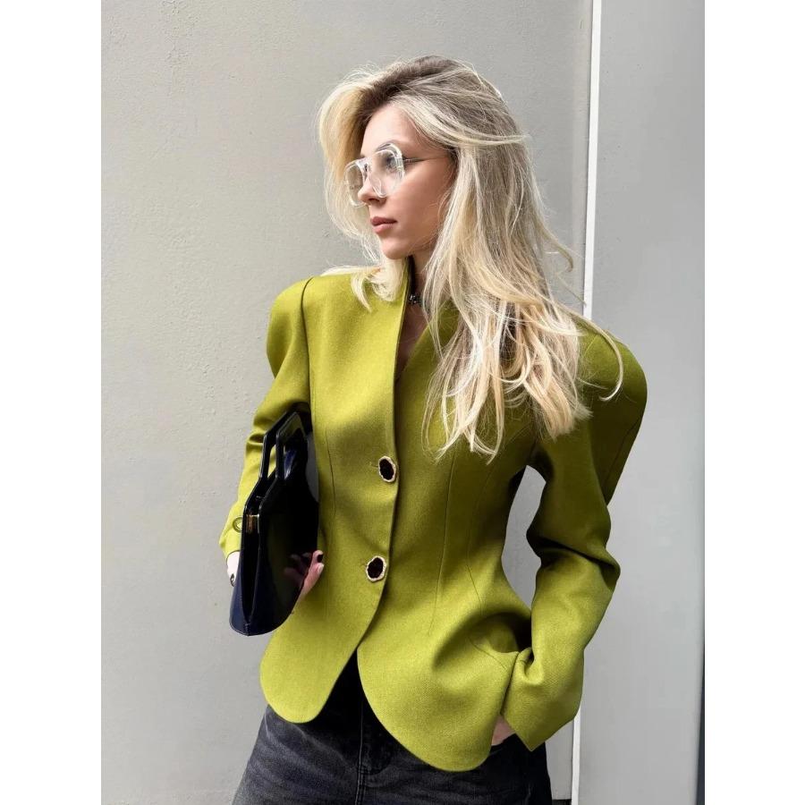 2026 Autumn Women Blazer V Neck Collarless Long Sleeve Hollow Metal Button Cinched Waist Green Tailored Jacket