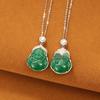 S925 Sterling Silver Green Chalcedony Buddha Pendant Necklace - Chinese Style Maitreya Buddha Collarbone Chain