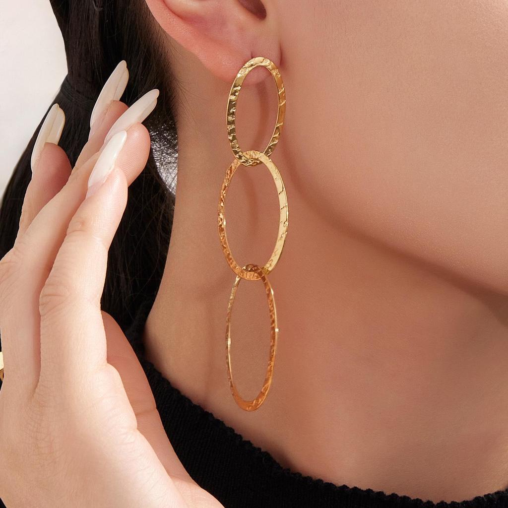 Handmade Hammered Stainless Steel Jewelry Set: Ferris Wheel Circle Necklace, Bracelet & Earrings with Real Gold Plating