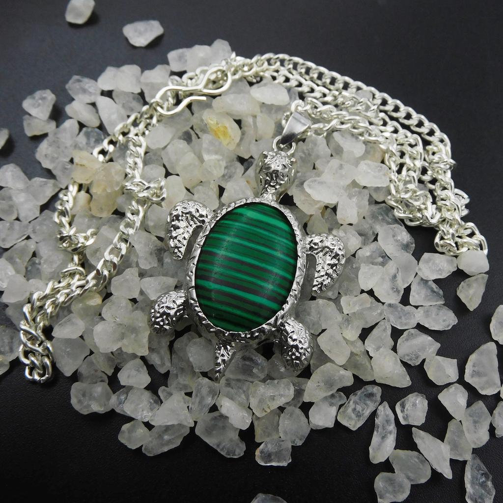 Silver 925 Beautiful Pendant With Chain 97.00 Ct Natural Turtle Fancy Green Jade P-2073-S