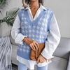 V-neck Checkered Knitted Vest Women Sweater Casual Loose Commute Simple Base Shirt Autumn and Winter