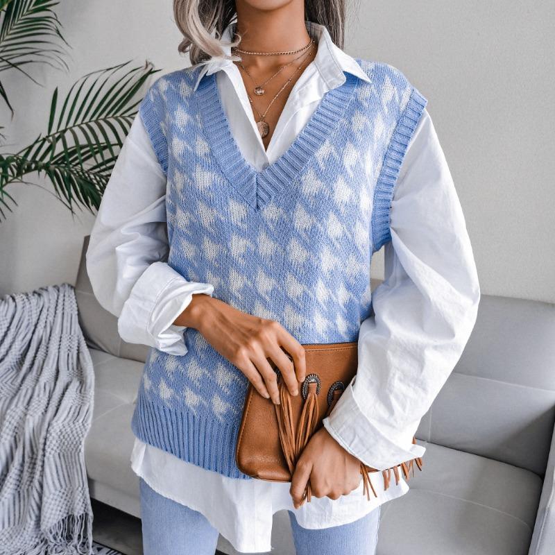 Kostkovaná pletená vesta s výstřihem do V Dámský svetr Ležérní Volné Dojíždění Jednoduchý základ Košile Podzim a zima