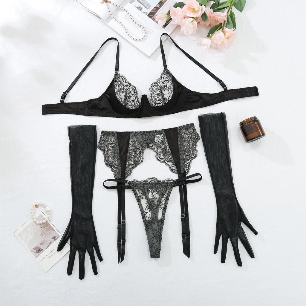 European-American Ultra-Thin Embroidered Floral Lace Lingerie Set with Gloves & Thong