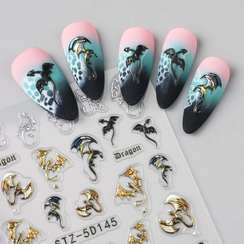 1/2pcs 5D Embossed Metallic Colorful Dragon Nail Stickers Snowflakes Self-Adhesive DIY Nail Decals Sliders Manicure Decorations