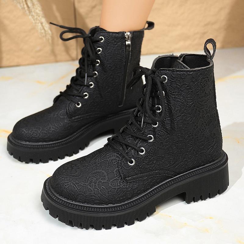 Fashion Flower Figure Thick Sole Short Boots Women Fashion Lace Up Platform Ankle Boots Woman 2025 Side Zipper Pu Leather Booties Mujer