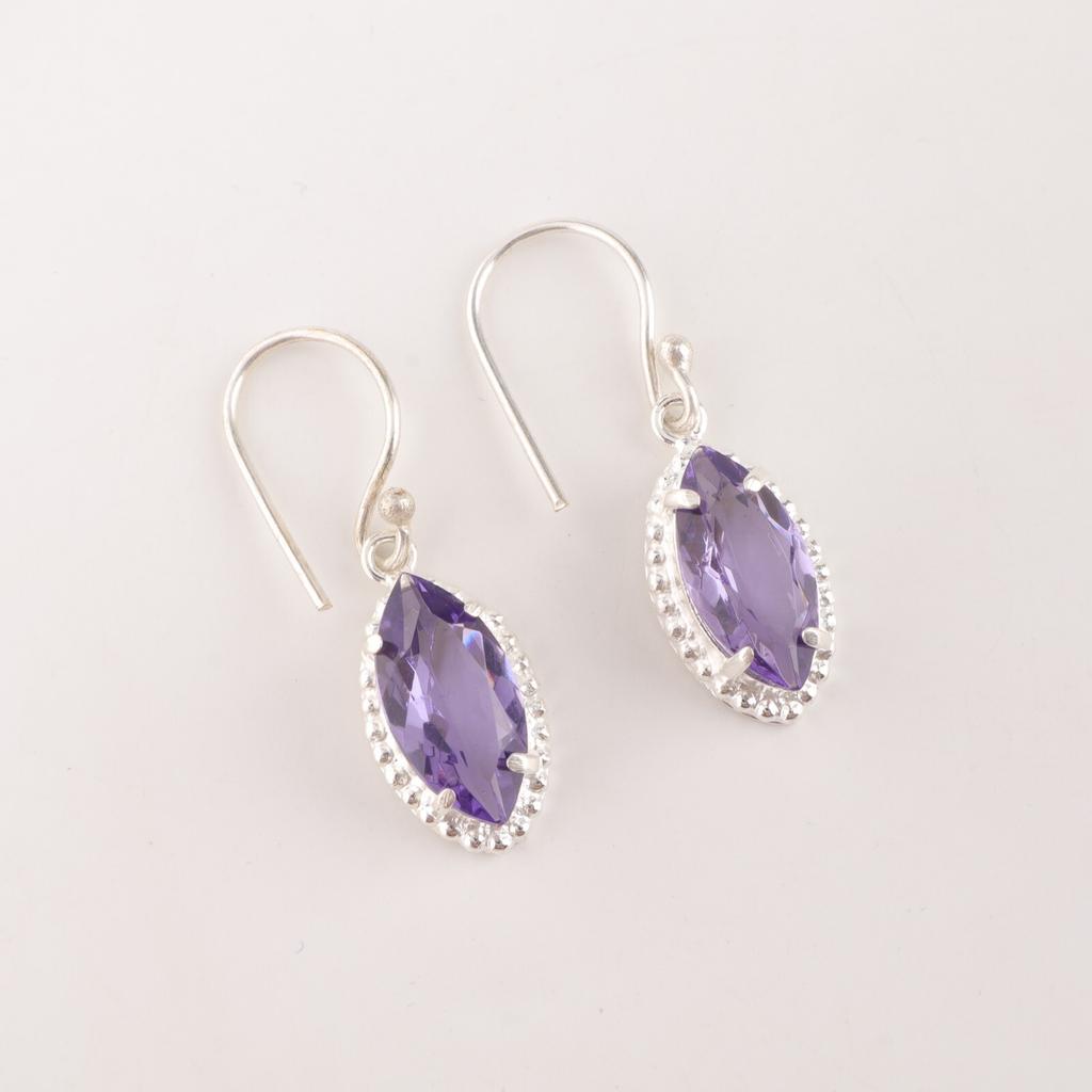 Natural Iolite Gemstone 925 Solid Silver Jewelry Handmade Earrings 1.4" For Her EE-169-10