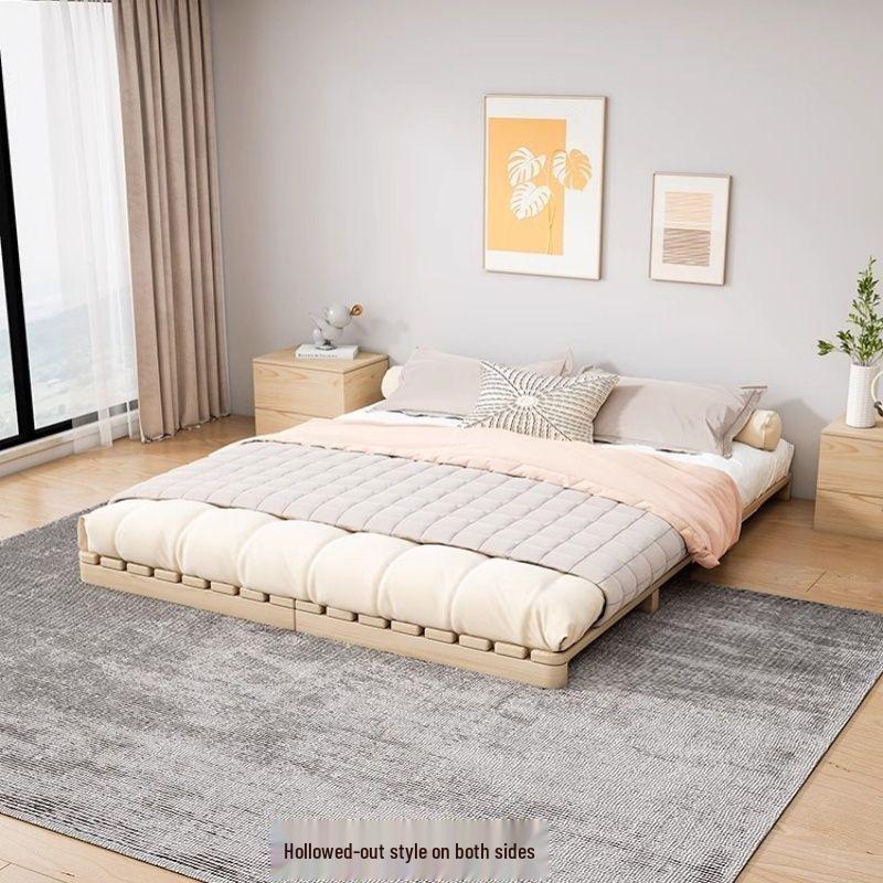 Japanese Tatami Solid Wood Moisture-Proof Low Bed with Slat Base - No Headboard, Double Floor-Standing Simple Platform Design.