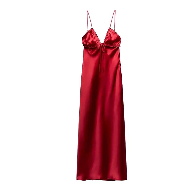 Spring New Fashion Style Sexy V-neck Camisole Laminated Decoration Silk Satin Texture Dress 2341371