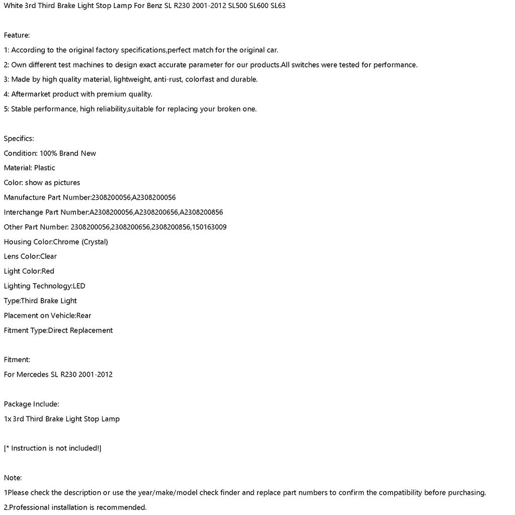 White 3rd Third Brake Light Stop Lamp For Benz SL R230 01-2012 SL500 SL600 SL63