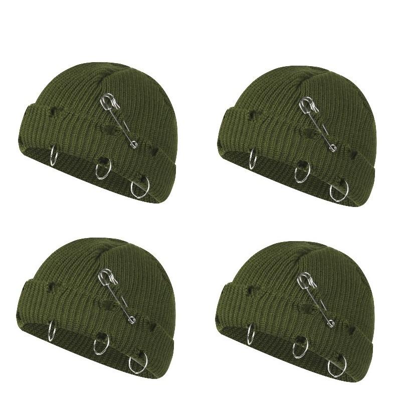 Women Girls Y2k Gothic Beanie Winter Knit Hats Trendy Metal Rings Pin Hip Hop Streetwear Harajuku Skull Cap Emo Scene Grunge