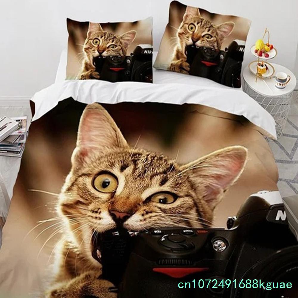 3D Cat Bedding Set Luxury Animal Duvet Cover With Pillowcase Queen King Single Double Size For Girls Boy Polyester Quilt Cover