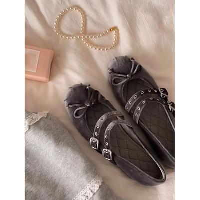 Schapenvachtversie~ fluwelen platte Mary Jane schoenen dames dubbele gesp strik ballerina's retro enkele schoenen