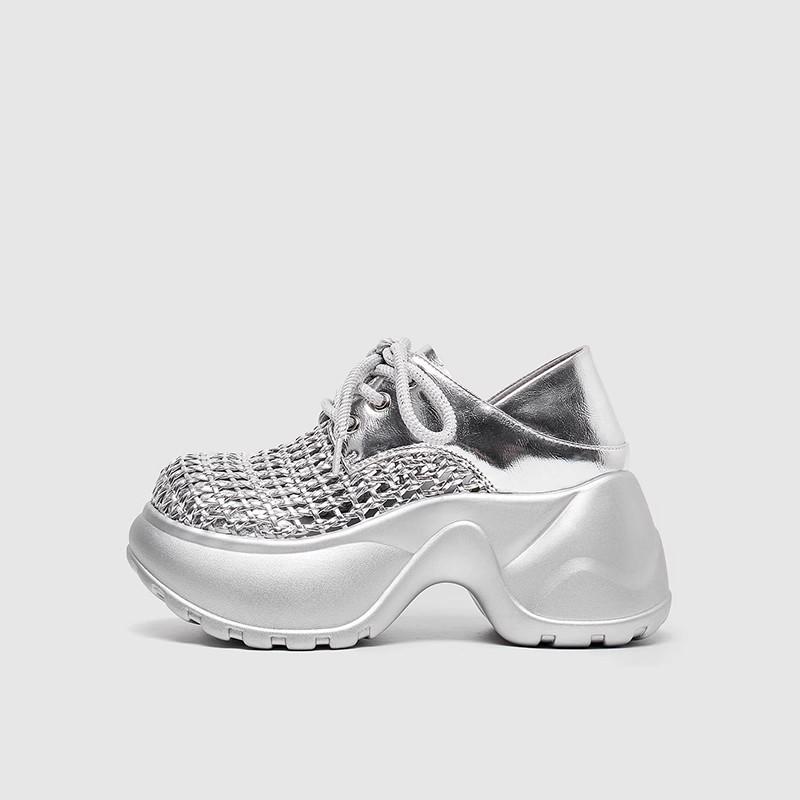 

Fashion Versatile Two-wear Daddy Shoes for Women 2025 New Summer Platform Heightened Cut-out Breathable Silver Casual Shoes 35 серебряный
