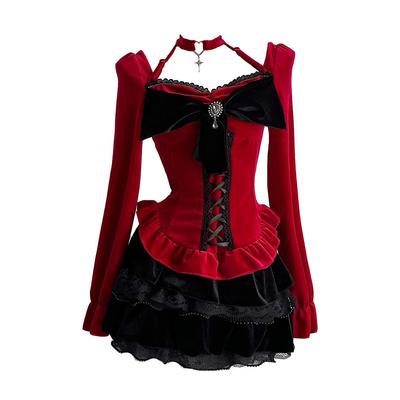 Subculture Korean Mini High Long Christmas Size M [MODKOKU] Women's Dress, Y2K, Style, Elegant, Feminine, Lace, Dress, Waist, Ribbon, Lined, Lace-Up,