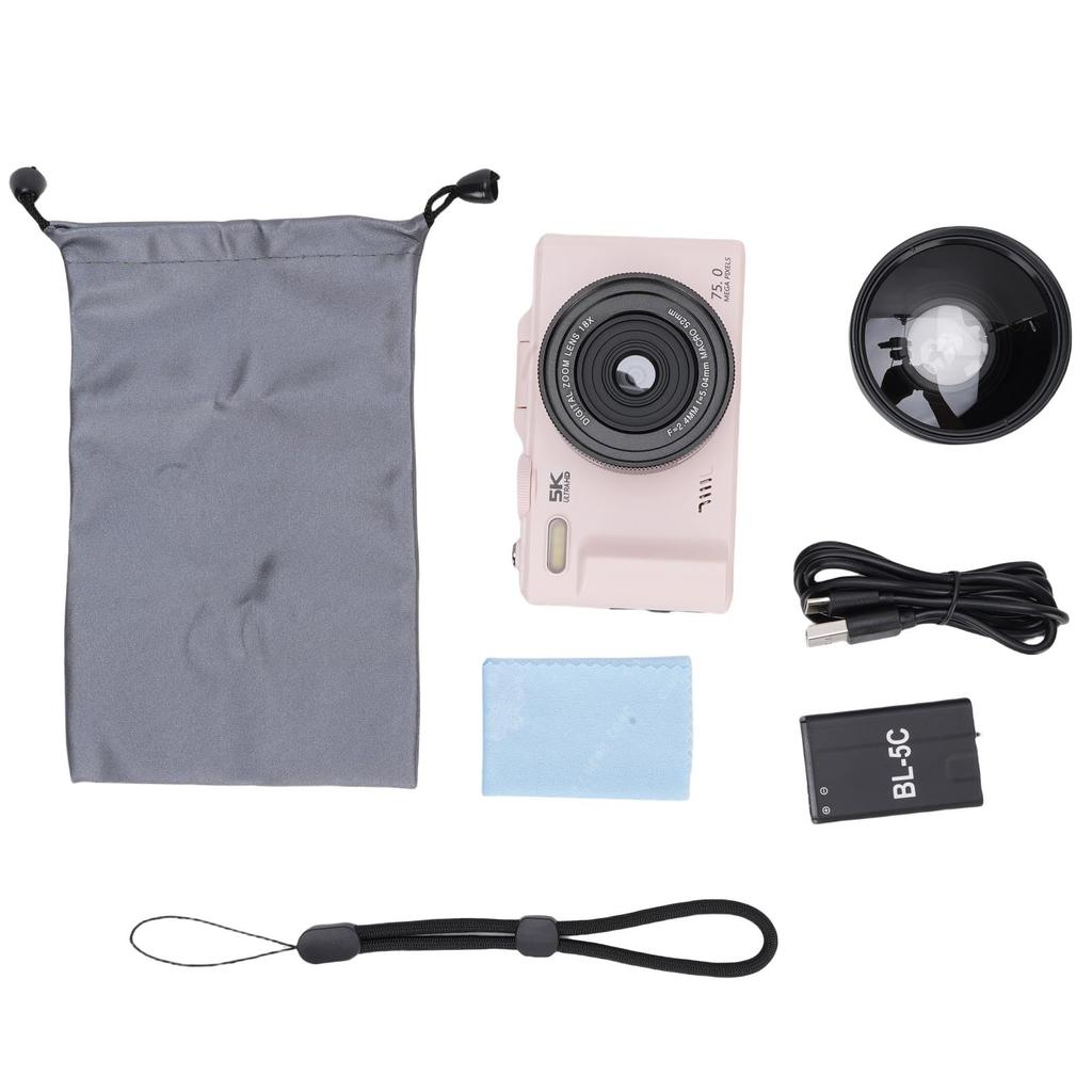 VBESTLIFE 5K Digitalkamera für Fotografie, WiFi 75MP Vlogging-Kamera mit 18x Zoom, 0,45x Weitwinkel-Makroobjektiv, 3" 180° Klappbildschirm Kompakt