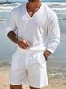 Men's Linen Casual Sports Suit: V-Neck Long Sleeve Top & Shorts - Lightweight & Breathable for Summer