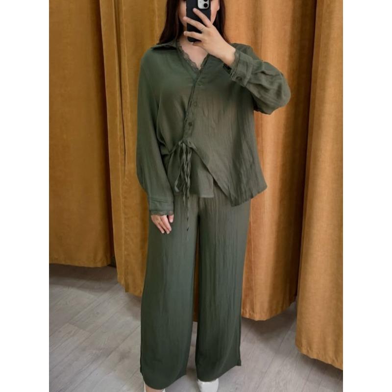 QICED Damen Mode Lässig Herbst Winter Langarm V-Ausschnitt Hosenanzüge