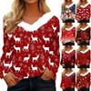 חולצת טי לנשים עם הדפס חג המולד וצווארון V עם שרוולים ארוכים למסיבה חג המולד