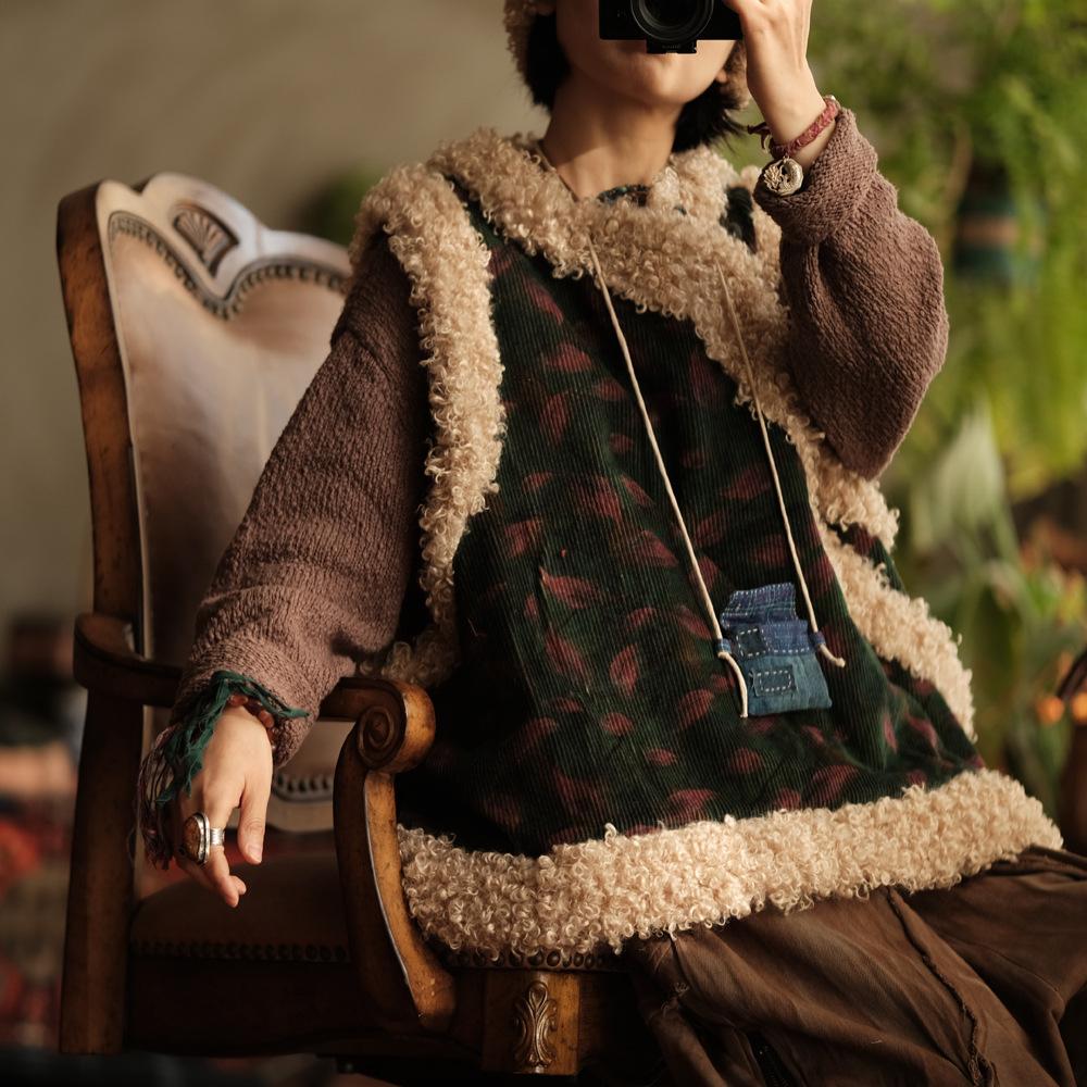 Johnature Women Chinese Style Corduroy Coats Print Floral Wool Patchwork Warm Spring V-Neck Vintage Coats