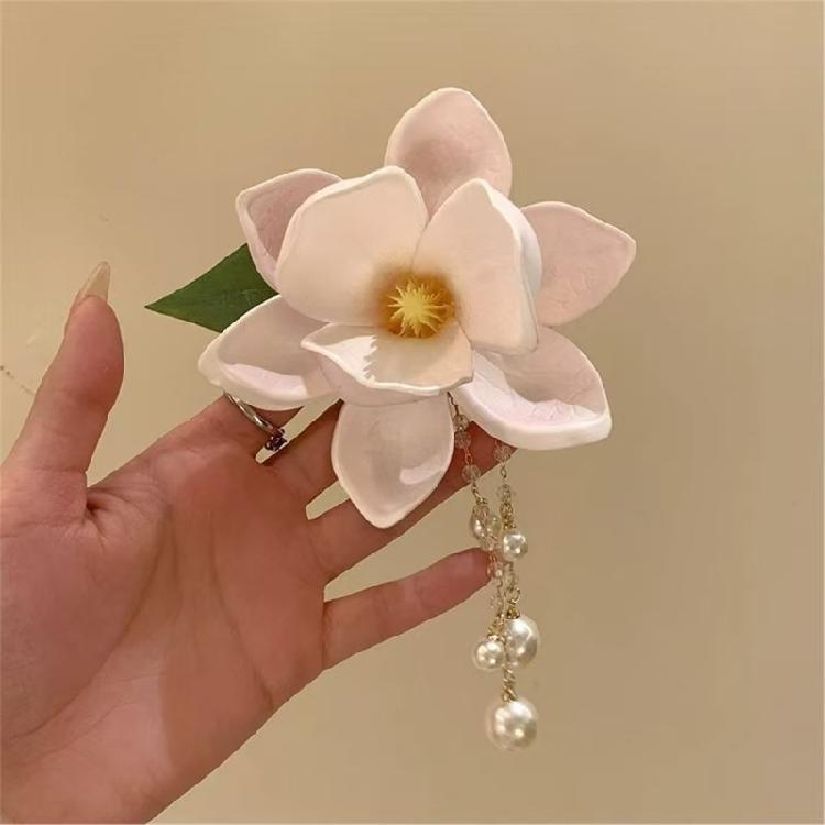 Fashionable Magnolia Resin Hair Clip Pearls Chain Decoration Hair Barrette For Women Various Hairstyles and Occasion