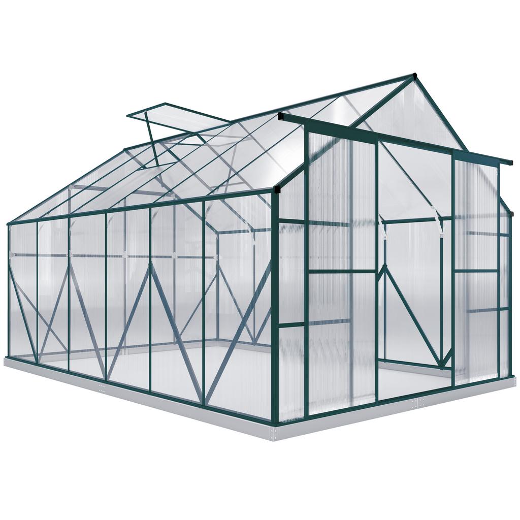 8 x 12ft Aluminium Greenhouse Polycarbonate Walk-in Garden Greenhouse Kit with Adjustable Roof Vent, Double Sliding Door, Rain Gutter and Foundation