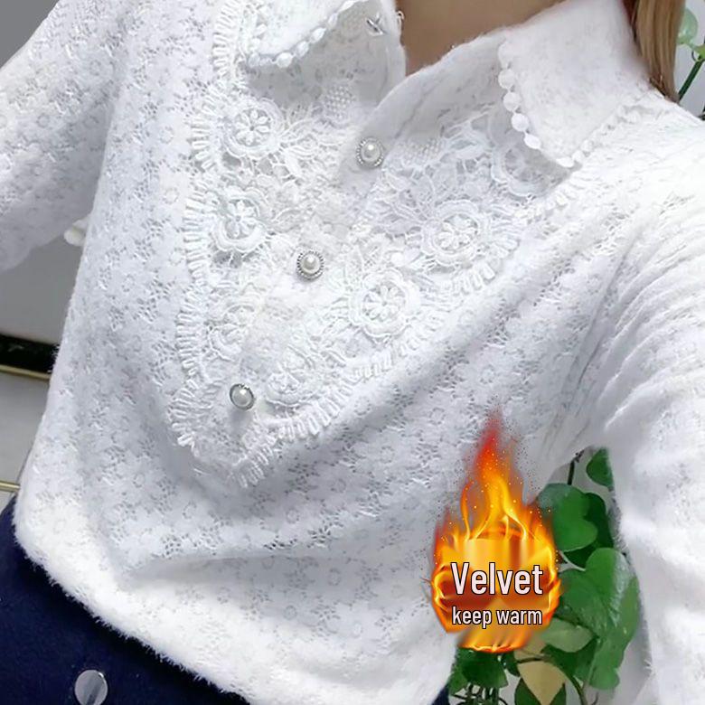 

Жіноча сорочка з довгим рукавом на флісовій підкладці з мереживним коміром Пітер Пена: Модний базовий топ для весни, осені та зими 4XL