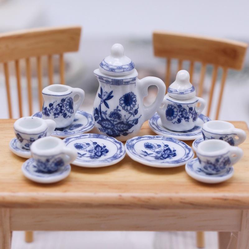 Ceramic Mini Tea Set Dollhouse Porcelain Tea Cup Playset Dollhouse Play Toy For Kids Miniature Food Dishes Cups  Plates Gift